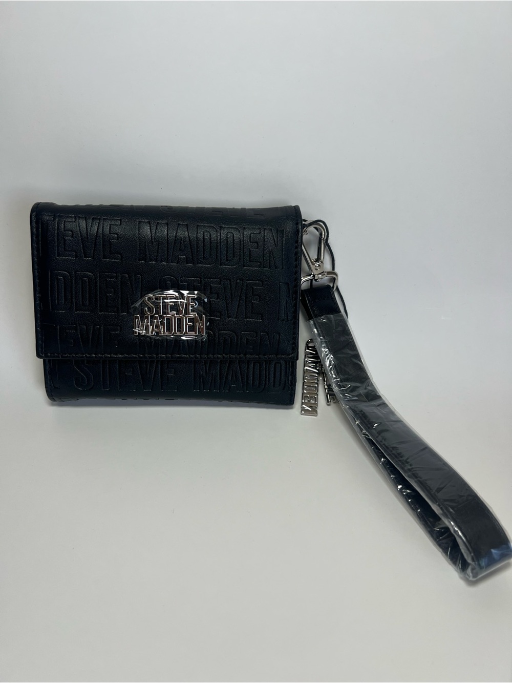 Steve Madden Black Embossed Logo Wristlet Wallet with Strap